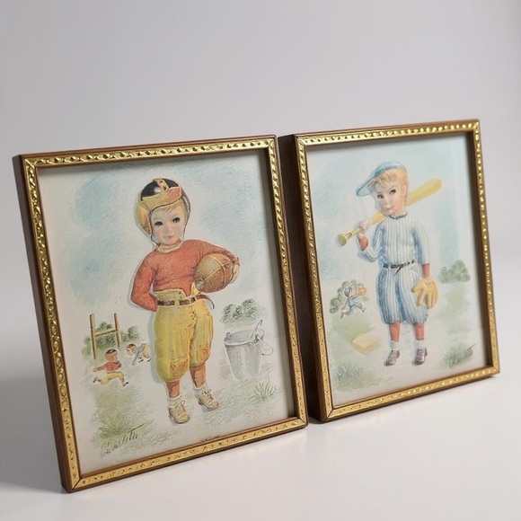Vintage 1950s Charlotte Becker 3D Sports Prints Set in Gold Frames Wall Art - Picture 7 of 8